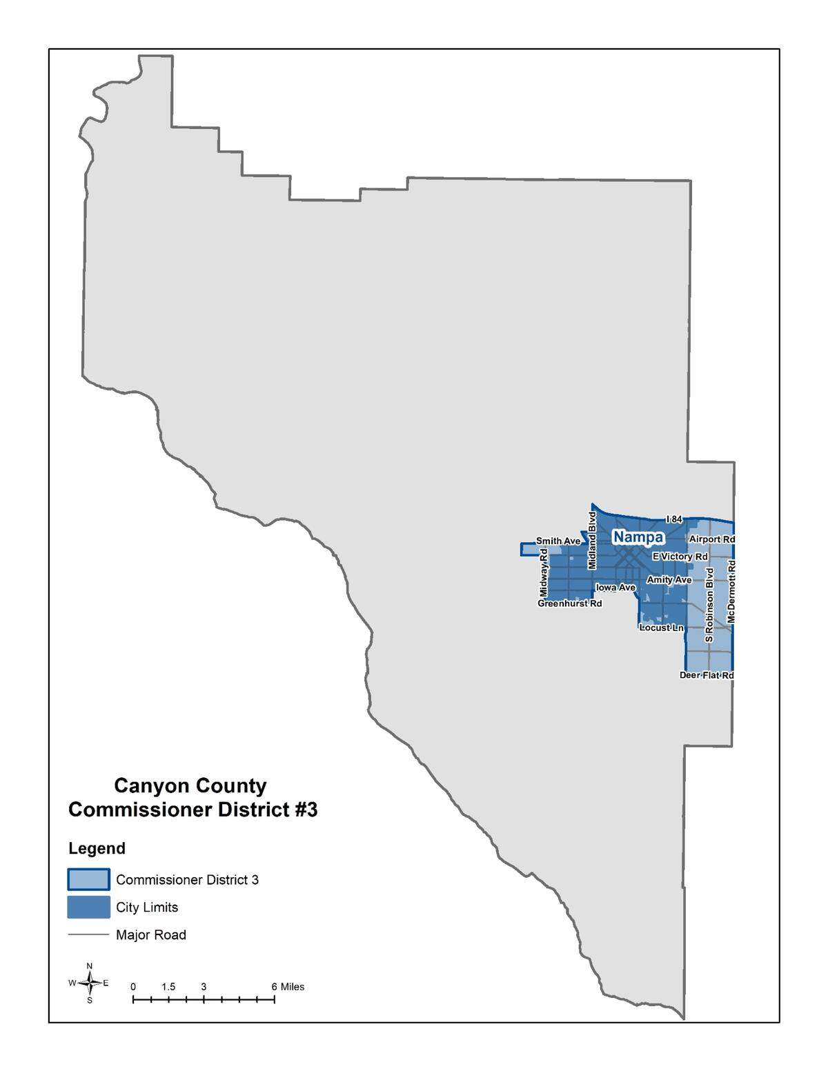 District 3 includes the bulk of Nampa east of Midway Road, including downtown Nampa.