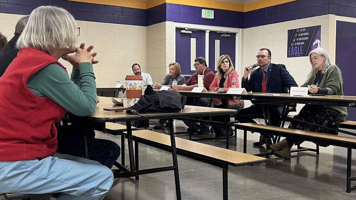Candidates answer questions at an Eagle City Council candidate forum ahead of the November election. Two will be elected to replace incumbents on the four-person council.