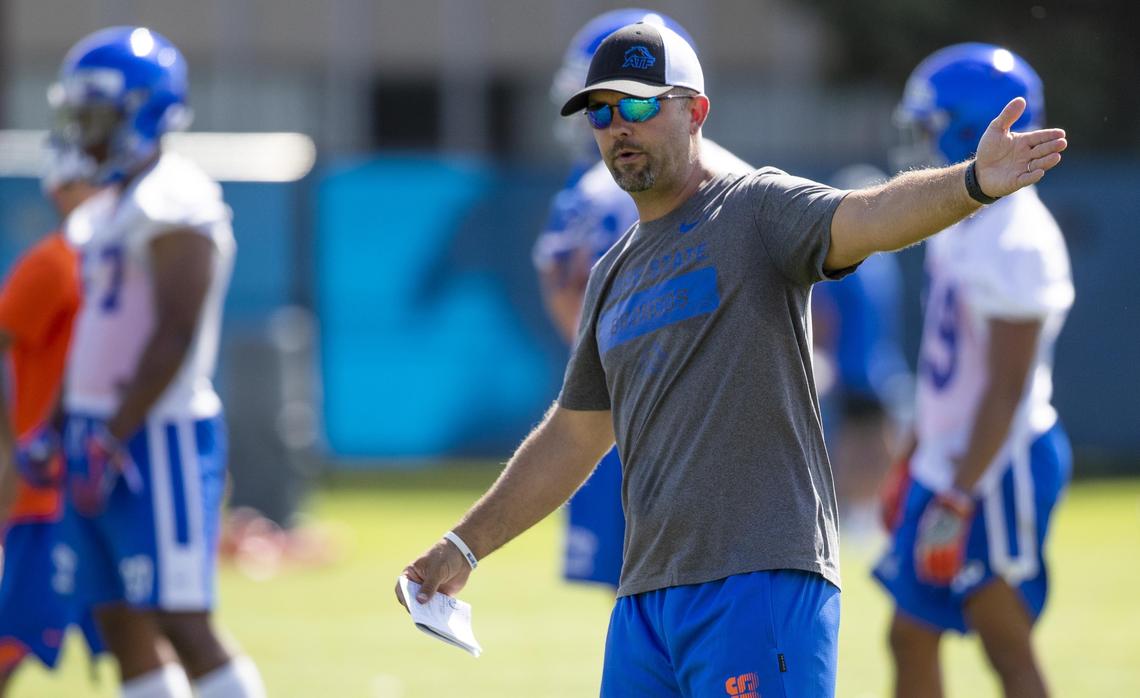 Boise State offensive coordinator Zak Hill at the Broncos’ fall camp Friday, Aug. 2, 2019.