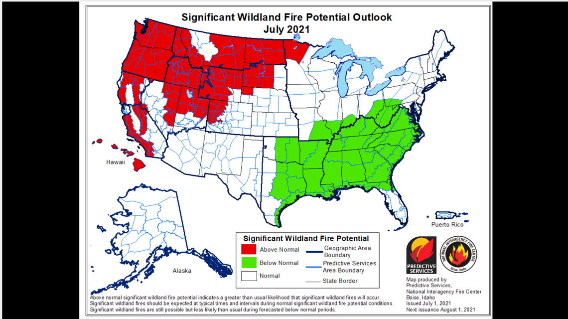 A National Interagency Fire Center forecast shows Idaho has above-normal potential for significant wildland fires in July 2021.