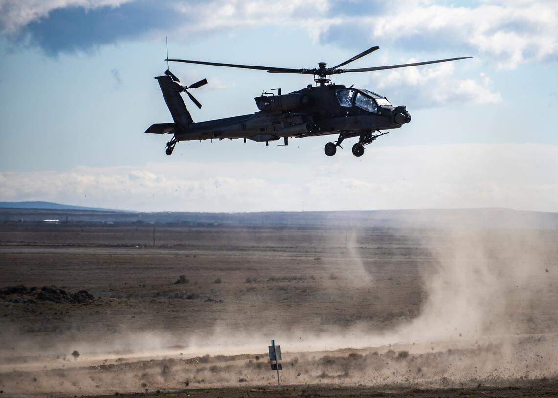 An AH-64 Apache helicopter takes part in a certification exercise at the Idaho National Guard’s Digital Air-Ground Integration Range at the Orchard Combat Training Center south of Boise. The only other digital range is at Fort Bliss in Texas. A third one under construction at Fort Knox in Kentucky is scheduled to be operational next year.