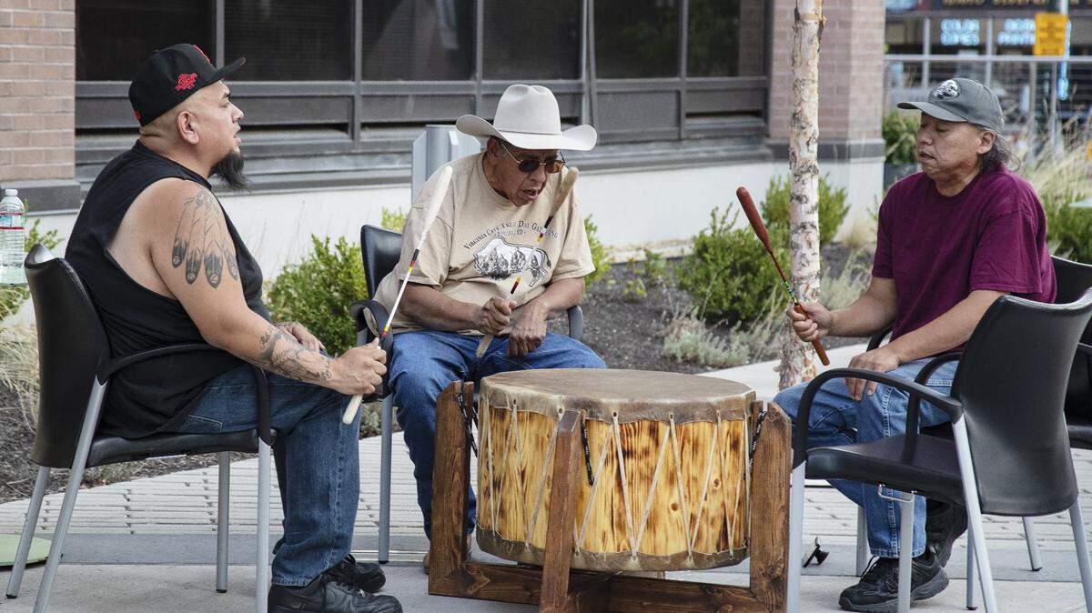 The Shoshone-Bannock Tribes operate three casinos on their Fort Hall Reservation in eastern Idaho. Tribal singers Neil Thomas, left, Nelson Racehorse, center, and Bird Osborne, perform at the Return of the Boise Valley People celebration in 2021 in Boise.