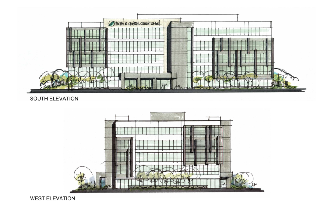 These renderings show the five-story proposed headquarters for the Idaho Central Credit Union that Ball Ventures Ahlquist is building south of Interstate 84 on Eagle Road.