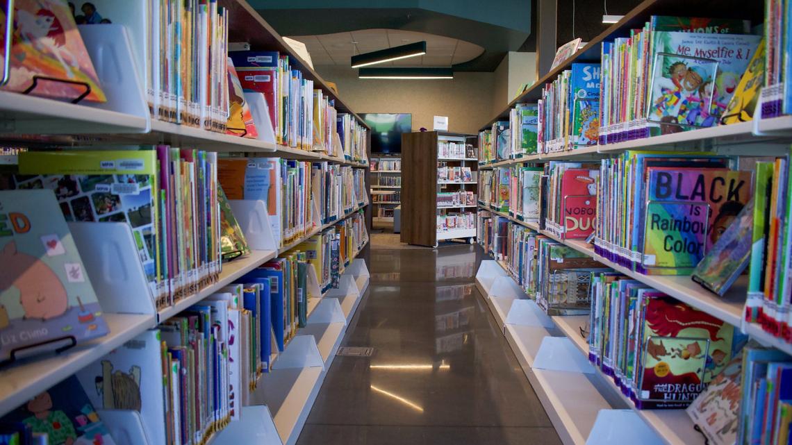 Children’s books on the shelves at the new Pinnacle branch of the Meridian Library.