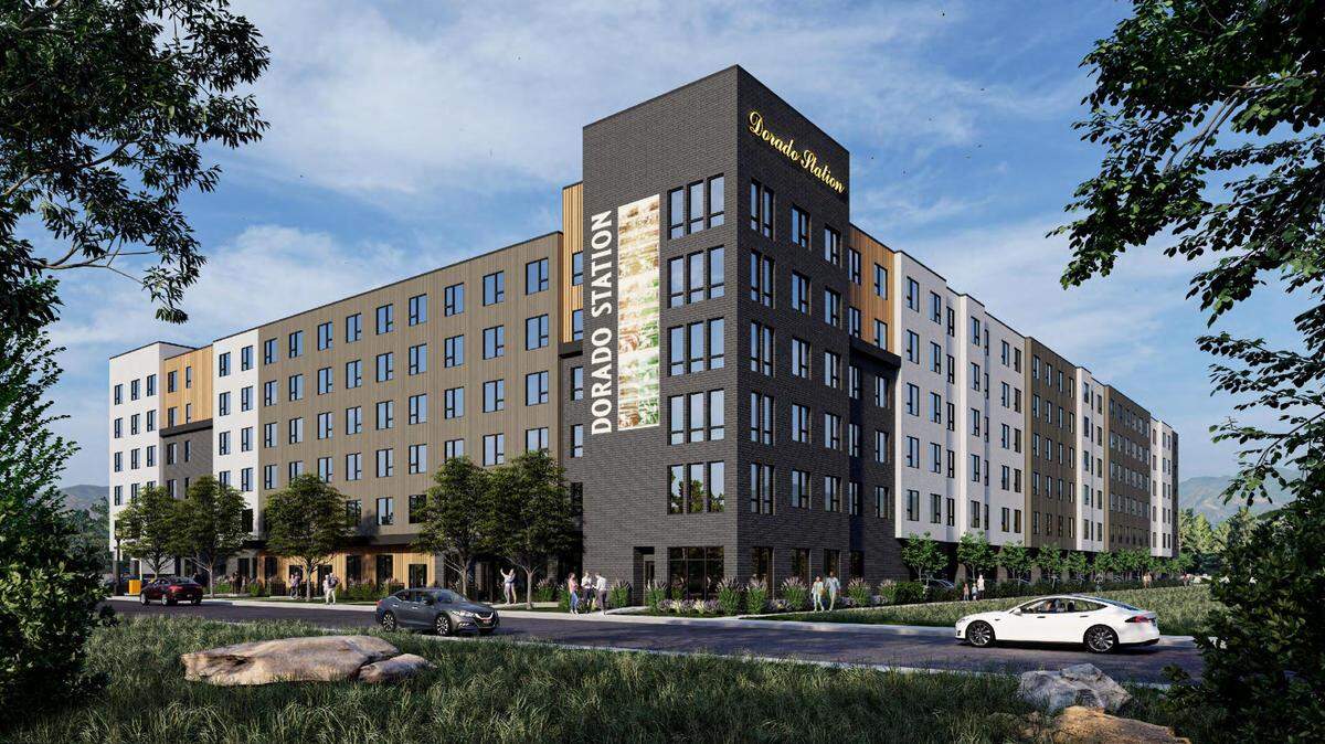 The affordable Dorado Station apartments, shown in this northeast facing rendering, follow J. Fisher’s recently completed Franklin Apartments, which opened in October.