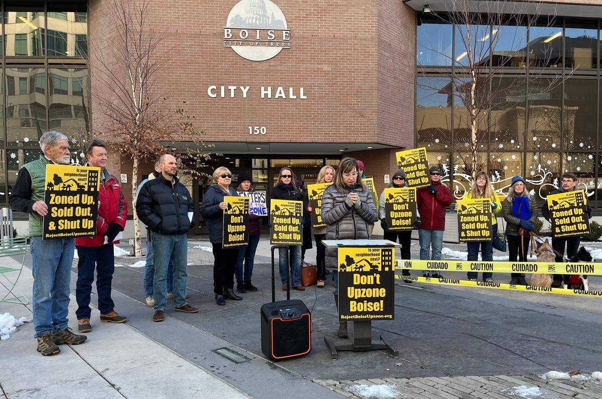 Lori Dicaire, founder of Vanishing Boise, spoke on the steps of City Hall to urge Boiseans to reject the current draft of the zoning code rewrite.