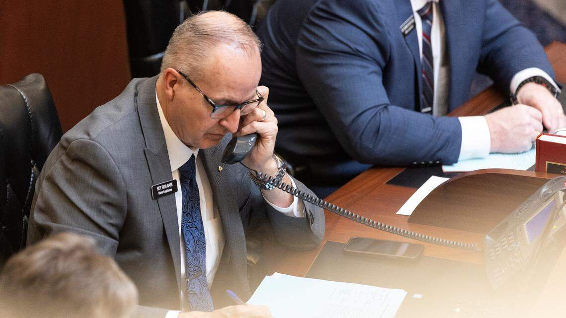 Rep. Ron Nate, R- Rexburg, speaks on the phone during the state representatives session in March 2022. Nate was just named the head of the Idaho Freedom Foundation.
