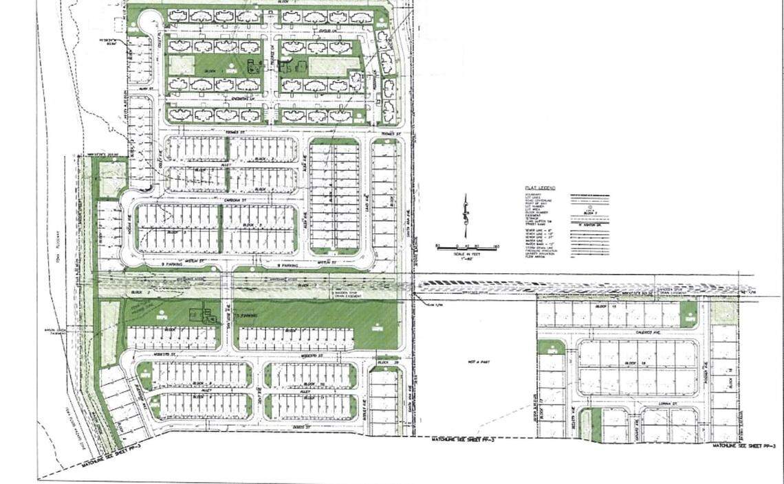 A map of Escalon Park, a proposed 528-home subdivision in east Caldwell. The developer, Trilogy Development, aimed to mix apartment buildings with single family homes. The map shows Santa Ana Avenue running from bottom to top. Santa Ana Avenue would be extended from Linden Road to Idaho 26. Idaho 26 is not shown on the map, but it would run along the top of the photo. Middleton Road runs along the left side of the map.