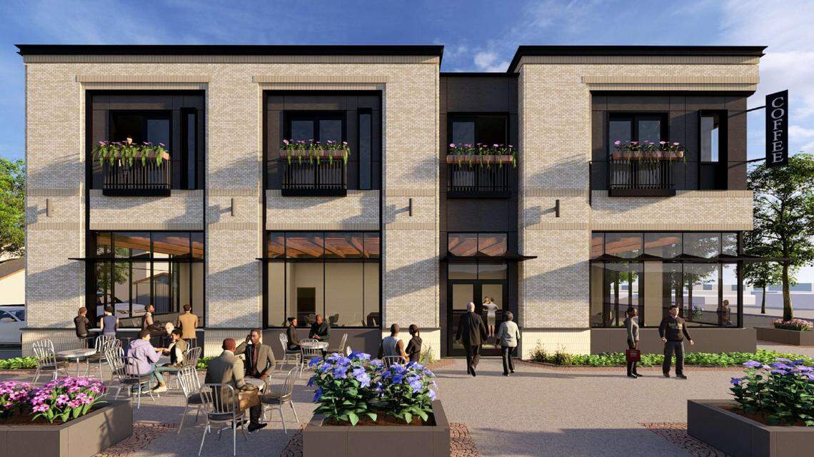 The building would include ground-floor space for a cafe and retail shop. The second floor would include four studio apartments, as shown in this early rendering.