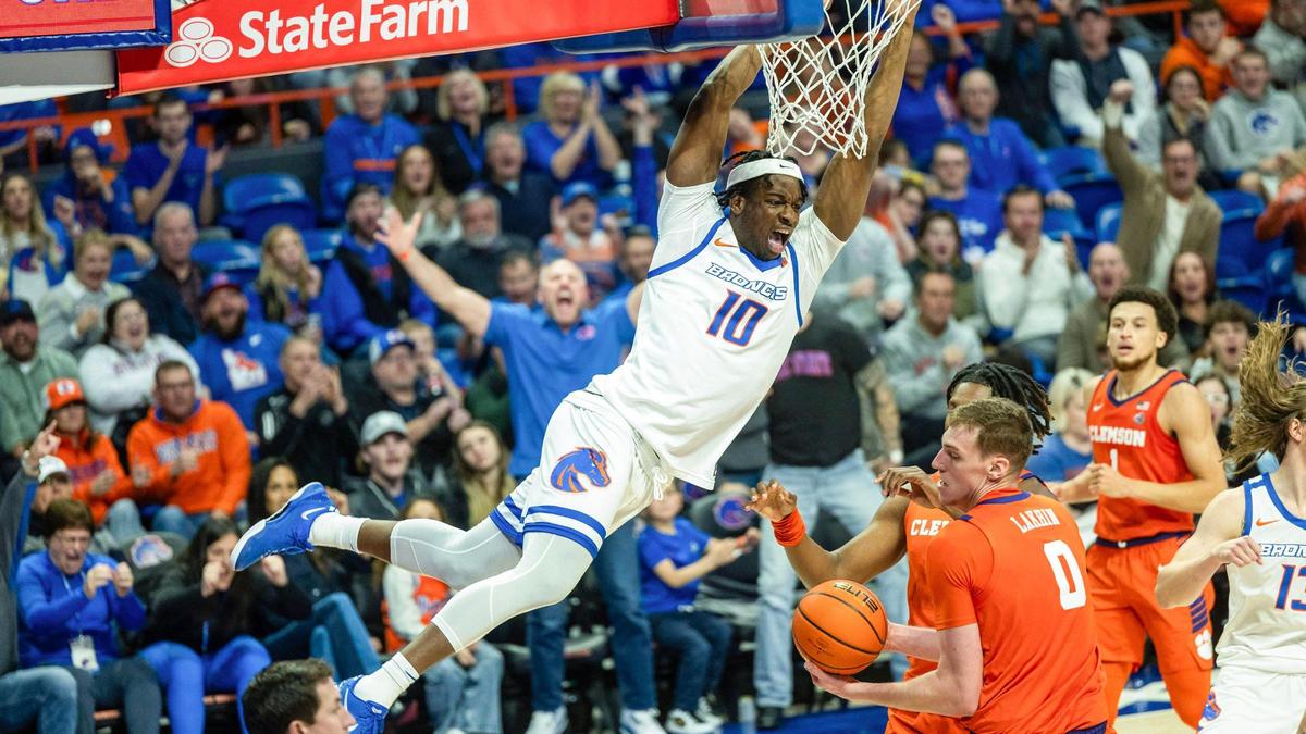 Boise State forward Emmanuel Ugbo dunks the ball against Clemson in the Broncos’ 84-71 non-conference men’s basketball win at ExtraMile Arena in Boise, Sunday, Nov. 17, 2024.