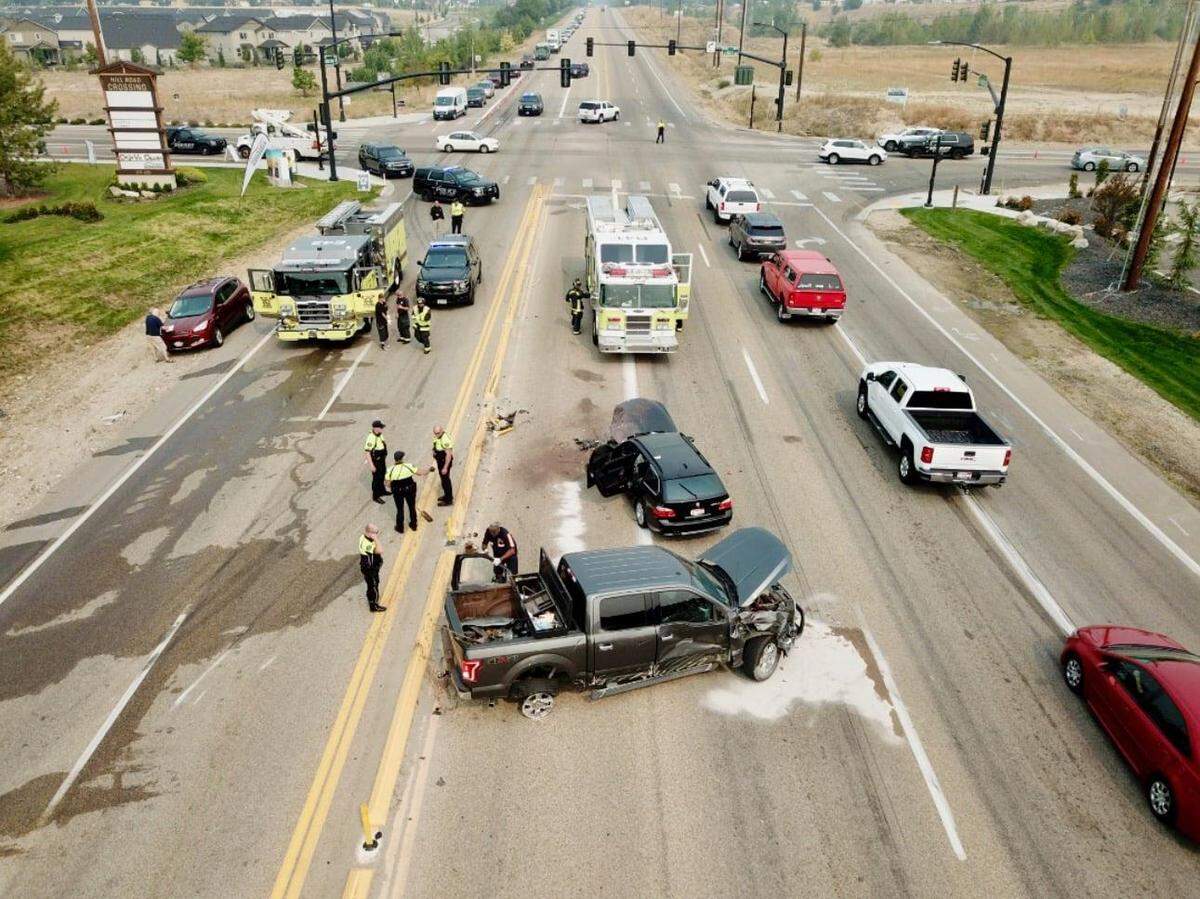 On Sept. 16, the driver of a Ford SUV tried to do a U-turn at the intersection of Idaho 55 and Hill Road during a flashing yellow arrow, but pulled into the path of a semitrailer going south on 55. The semi hit the SUV, as well as a pickup truck going south on Idaho 55. The pickup hit a car stopped in the northbound turn lane on 55.