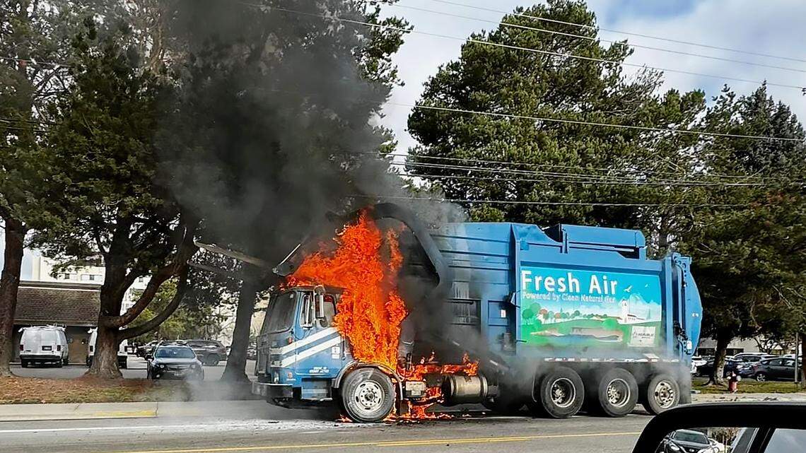 A Republic Services truck on fire in Boise in 2023. Lithium-ion batteries can explode or start fires when disposed of improperly.
