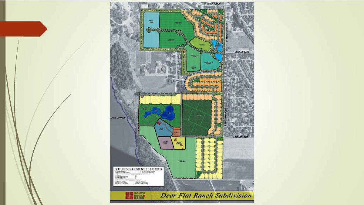 This potential site plan shows how the family would include agricultural space (in green at bottom), an expansion to their lavender fields and event center (in purple and blue respectively above agricultural area), a Japanese botanical garden with ponds (green and blue rectangle) and vineyards (dark green square). Homes would line Midland Boulevard at right.