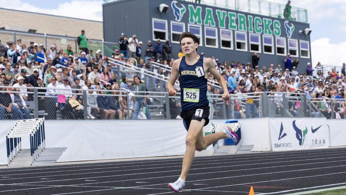 Meridian's Logan Payne takes first place in 6A boys 800 meter race at the IHSAA 6A/5A Track and Field Championships, Saturday, May 16, 2026 at Mountain View High School.
