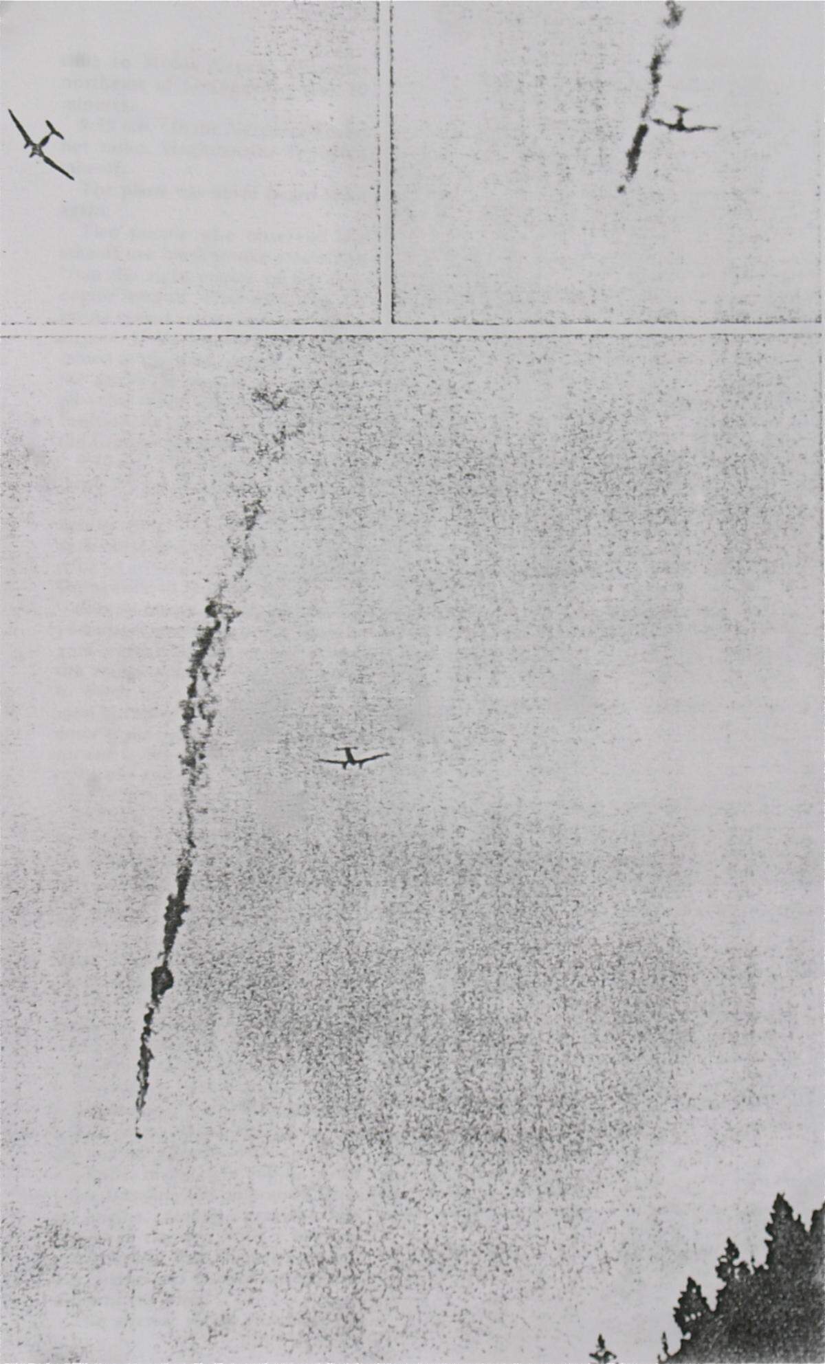A trio of photos from Spokesman-Review photographer Hal Blegen’s camera show Flight 148Z as its engine falls away and it drops into the Selway River on June 11, 1979. Blegen was hiking with friends when the engine exploded and the plane crashed. His impromptu photo of the plane became national news.