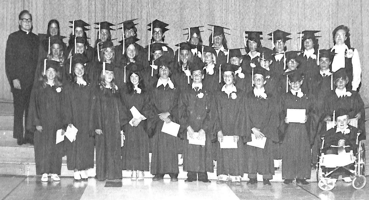 The 1973 graduating class at Sacred Heart school. Mark Holden is fourth from right on the back row.