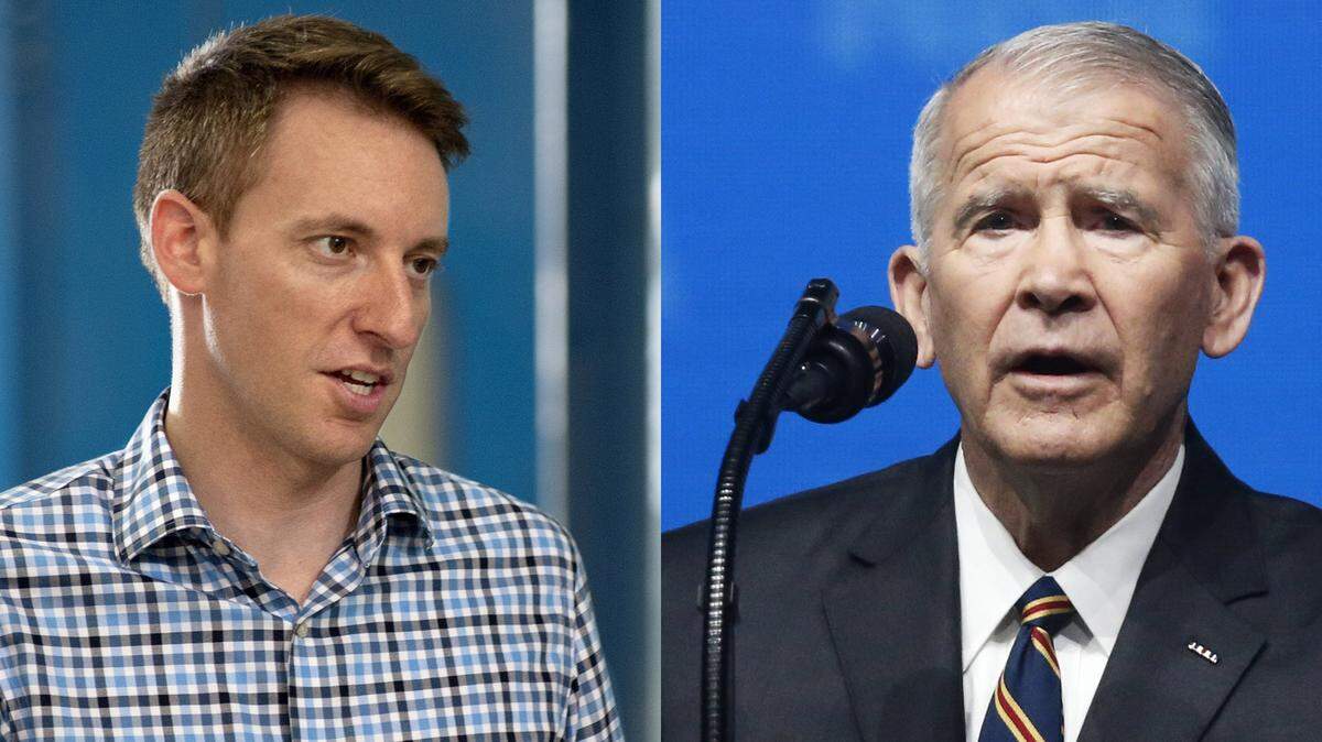 Jason Kander, left, and Oliver North.