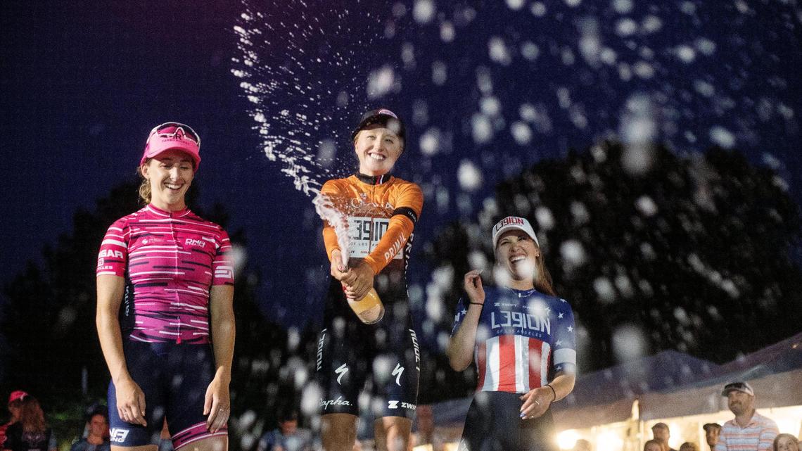 Maggie Coles-Lyster of DNA Pro Cycling, Skylar Schneider of L39ion of Los Angeles and Kendall Ryan of L39ion of Los Angeles take the podium at the Twilight Criterium in downtown Boise on Saturday.