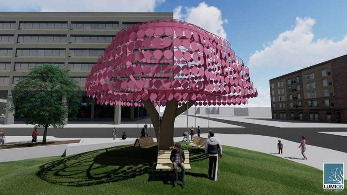 Gentle Breeze, from New York artist Matthew Mazzotta, features a large pink tree with leaves that sway in the wind at the Westside Downtown Urban Park.