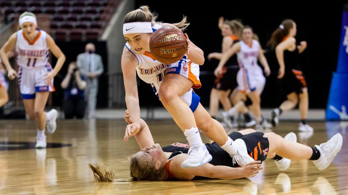 Tri-Valley senior Josey Jones steals the ball from Kendrick’s Rose Stewart in the 1A Division II girls basketball state championship Friday at the Ford Idaho Center in Nampa. Tri-Valley won its first title, 54-48.