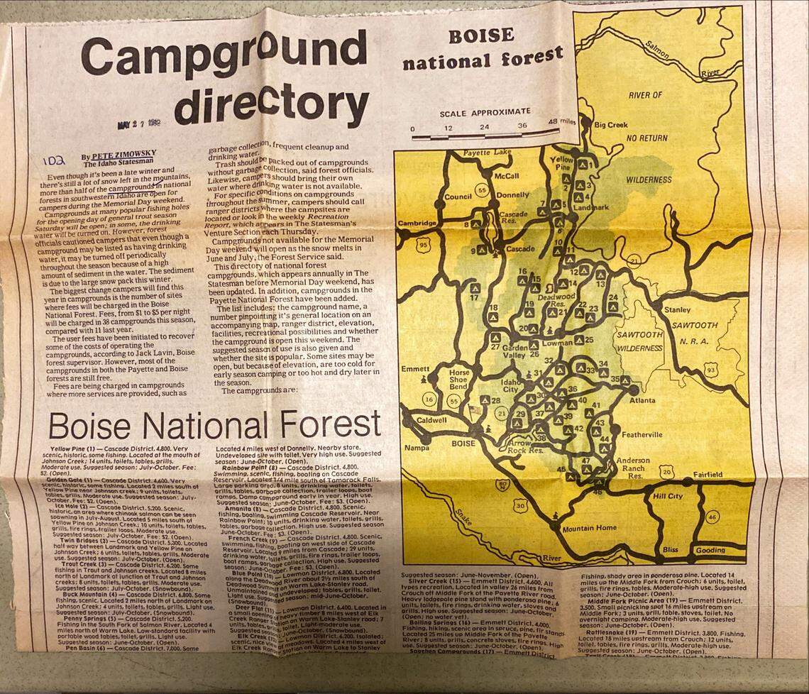 An Idaho Statesman camping guide from 1982 shows the location of the Robert E. Lee campground in the Boise National Forest. The campground was marked as No. 33 on this map.