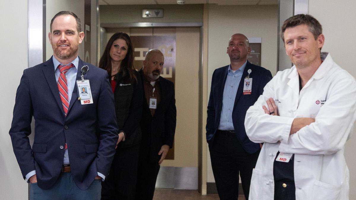 Dr. Spencer Craven, left, co-medical director of the new neuro, surgical, trauma ICU; and Dr. Parker Fillmore, right, trauma medical director at Saint Alphonsus Regional Medical Center, answer questions about new technology and resources the unit will bring to the Boise area.