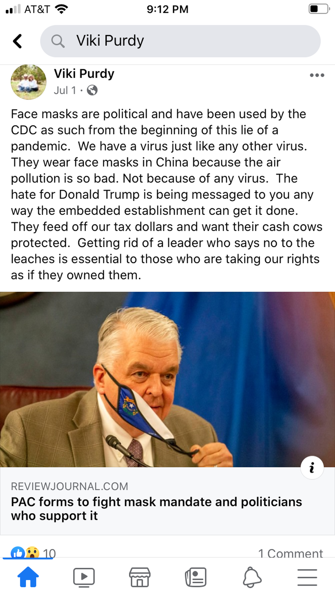 Adams County Commissioner and Southwest District Health board member Viki Purdy calls the pandemic a lie in a recent Facebook posts and says the use of face masks is political.
