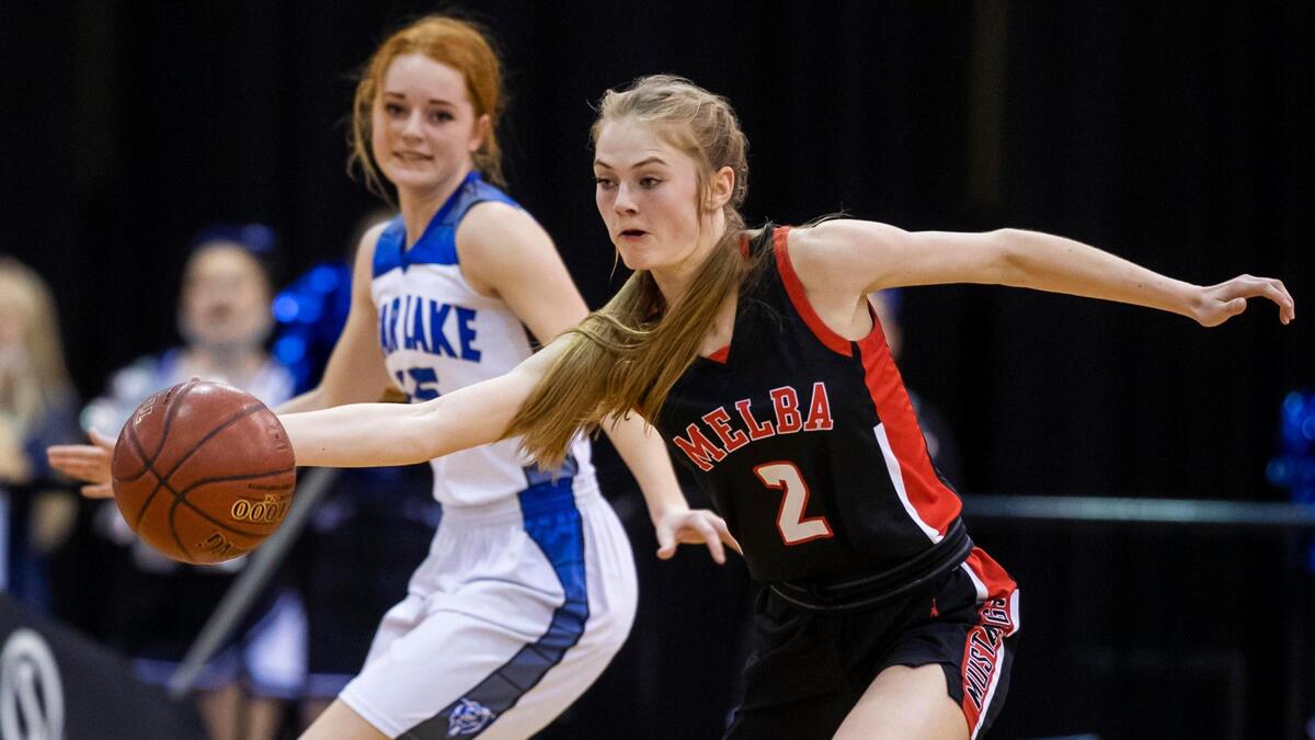 Melba guard Hallie Arnold intercepts a Bear Lake pass in the 2A girls basketball state championship Feb. 20 at the Ford Idaho Center in Nampa.