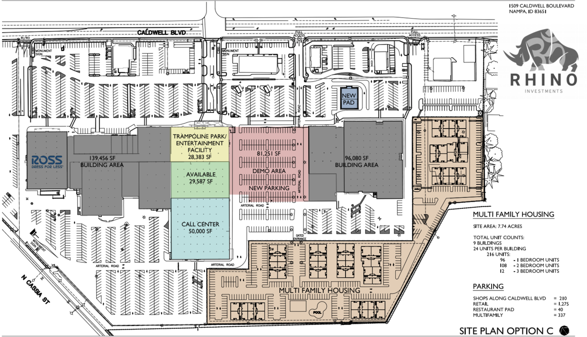 Rhino Investments aims to redevelop Karcher Mall in Nampa to include a trampoline park and call center, plus 216 apartments. It plans to demolish 81,000 square feet in the middle of the mall for parking space.