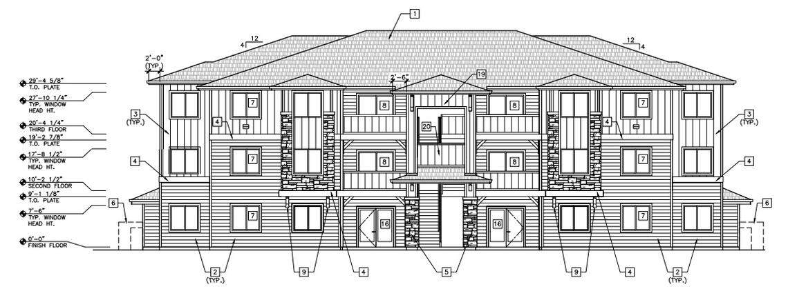 A rendering of the front of a three-story building proposed for Sleep Hollow Apartments.