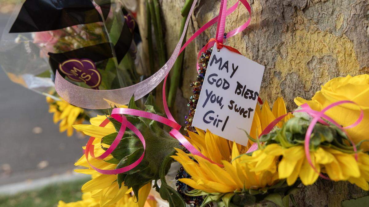 A memorial of flowers, ribbons, cards and stuffed animals surrounds a tree and sign poles at the intersection of Harrison Blvd. and Ada St. on Wednesday, Nov. 12, 2025 after a child was killed by a vehicle while crossing street on Tuesday.