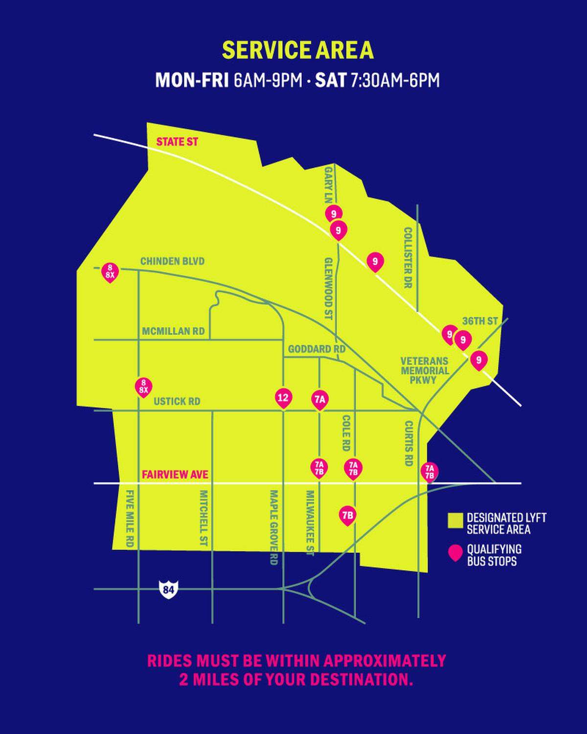 Transit riders within two miles of one of the 14 stops above can get a $2 ride with Lyft to and from the bus stop. The rest of the cost will be picked up by the City of Boise and a federal grant received by Valley Regional Transit.