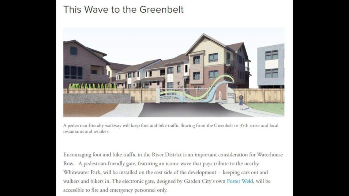 A screenshot from Waterhouse Row’s website says pedestrian and bicyclist access between 35th Street and the Garden City Greenbelt was a priority for the housing development.