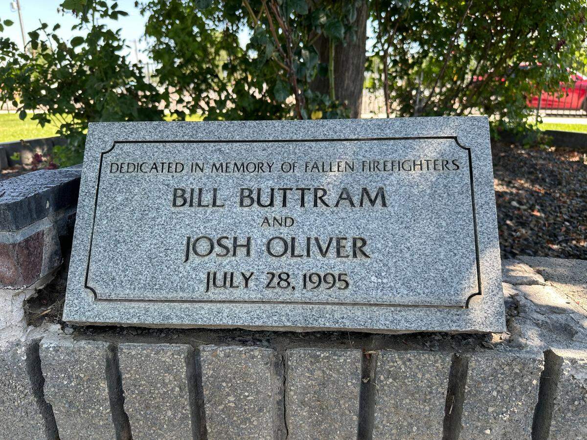 This memorial sits in Kuna’s main city park downtown, honoring the memory of Kuna firefighters Bill Buttram and Josh Oliver, who were killed on July 28, 1995, in the Point Fire.