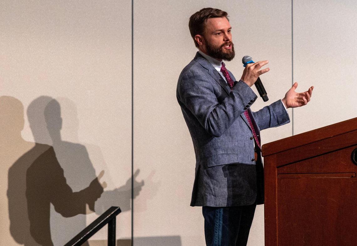 Trent England, founder of Save Our States, argues against ranked choice voting during a debate on Idaho Proposition 1 presented by the Idaho Statesman.