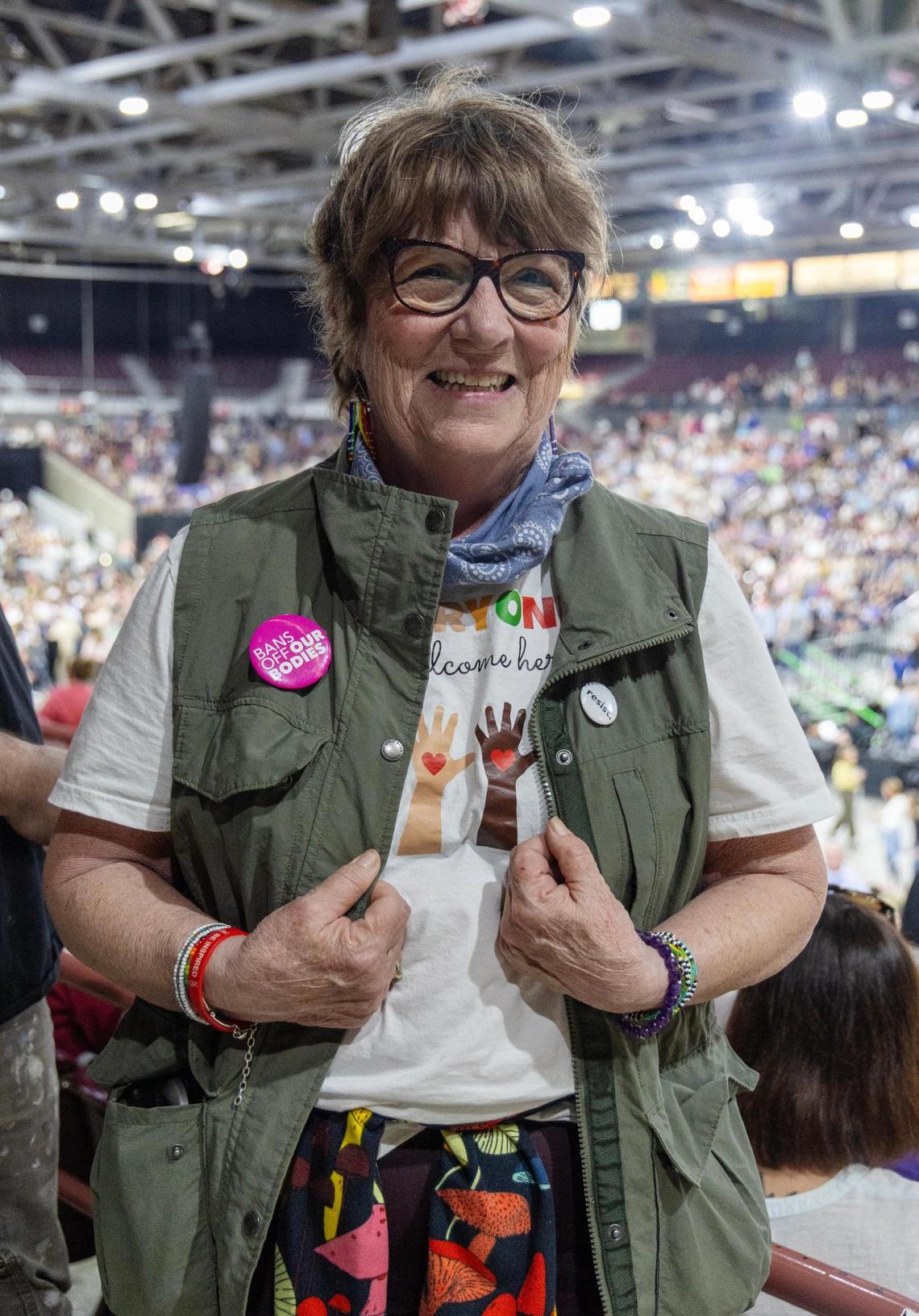 Shirley Hurley wears an “Everyone is welcome here” t-shirt at the Fighting Oligarchy Tour with Sen. Bernie Sanders (I-Vermont) and special guest U.S. Rep. Alexandria Ocasio-Cortez (D-New York) at the Ford Idaho Center in Nampa on Monday. “Everyone knows this represents Idaho,” Hurley said.