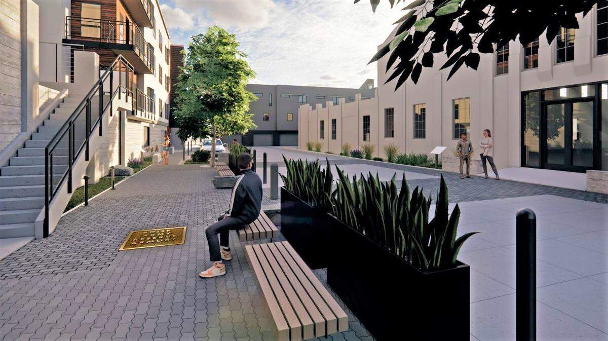 The architecture and landscaping are intended to complement the design of the historic armory.