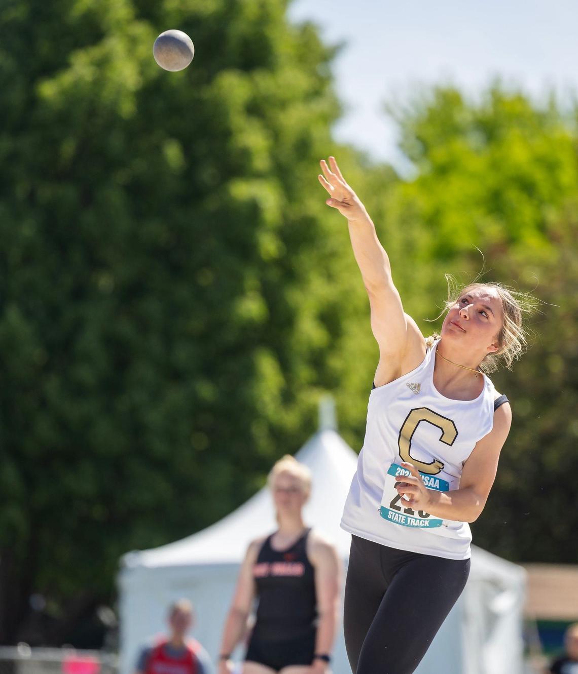 Capital’s McKenna Chavez competes in 5A girls shot put at the Idaho high school state track and field championships last May at Mountain View High School.