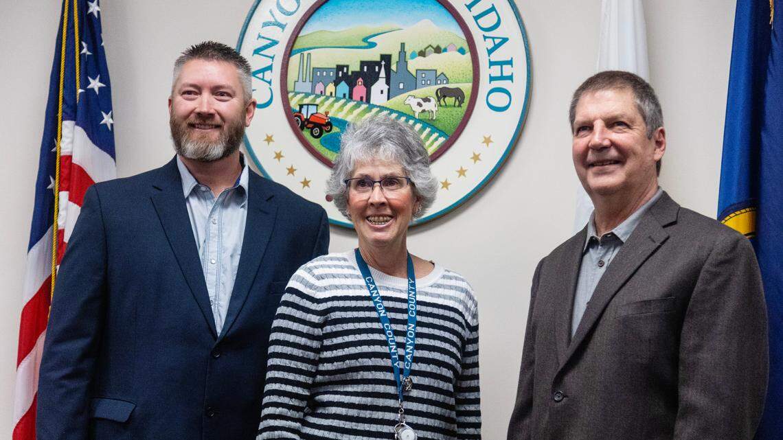 Canyon County commissioners Zach Brooks, Leslie Van Beek and Brad Holton in January 2023.