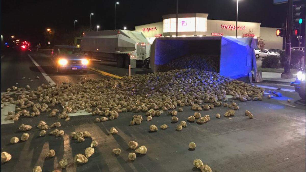 The Nampa intersection of 12th Avenue South and 7th Street South was temporarily closed as crews worked to sweep the sugar beets late Monday off the road and pull the truck back onto its wheels.