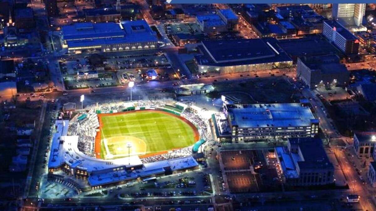 A nighttime view of Greenstone Properties’ Parkview Field in Fort Wayne, Indiana, where the Fort Wayne Tincaps baseball team plays.