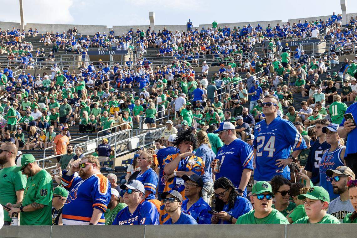Boise State Bronco fans start mingling with Fighting Irish fans at Notre Dame Stadium in South Bend, Ind., Saturday, Oct. 4, 2025.