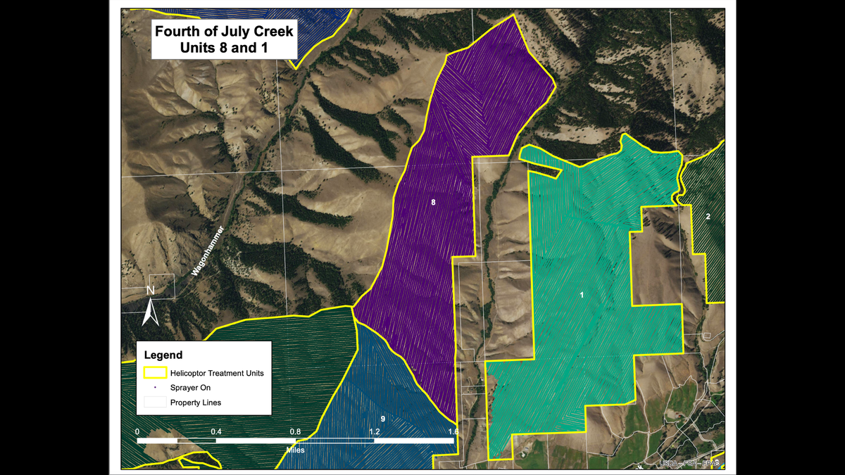 GPS tracks from the helicopter that the U.S. Forest Service contracted to spray herbicide show exactly which areas were treated. Dan Schuler’s property borders the leftmost edge of Unit 1. Upon zooming into the tracks, there are instances where it appears the sprayer was on outside of the forest treatment boundaries – including on a corner of Schuler’s property where herbicide was later found.