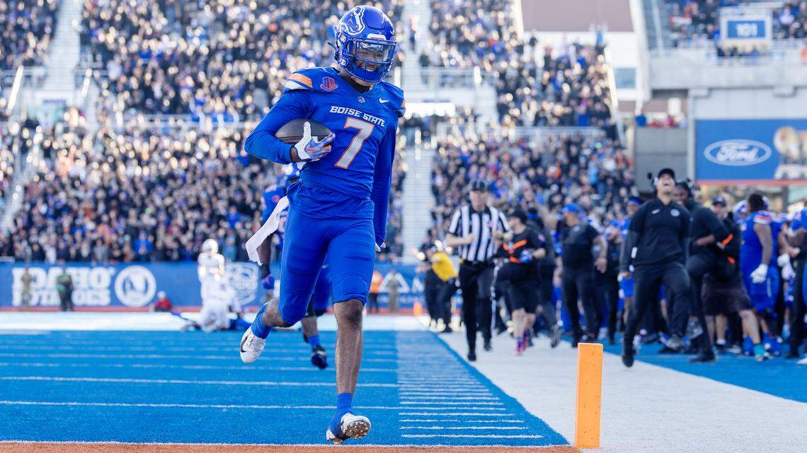 Boise State cornerback A'Marion McCoy scores a touchdown on an interception against UNLV last season.