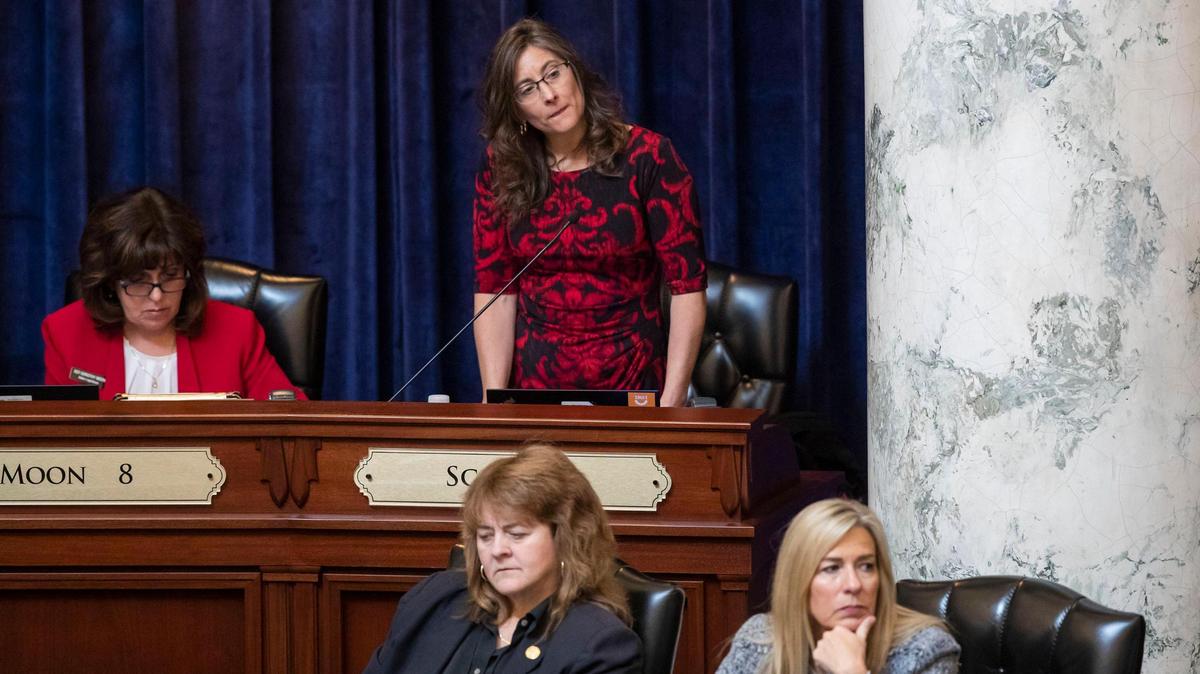 Rep. Heather Scott, R-Blanchard, objects to a motion to dispense with reading Gov. Brad Little’s letter to the Idaho House of Representatives Wednesday, April 21, 2021, after he vetoed House Bill 135. The House continued with the reading and then opened up debate to discuss the bill that would curb the governor’s emergency powers.