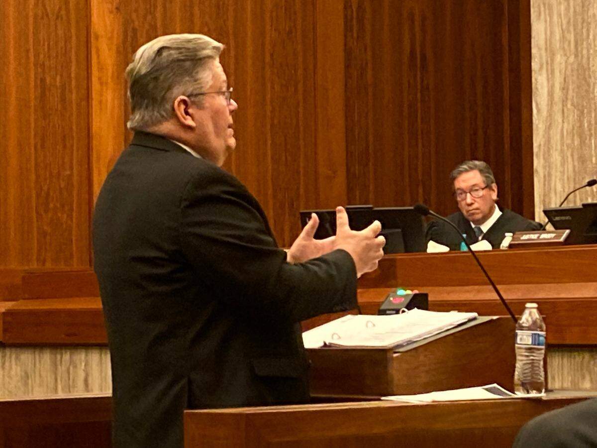 Prosecutor LaMont Anderson, left, capital litigation chief in the Idaho Attorney General’s Office, argues death penalty appeals on behalf of the state, including before the Idaho Supreme Court. Justice Gregory Moeller helped oversee one such hearing in June 2022.