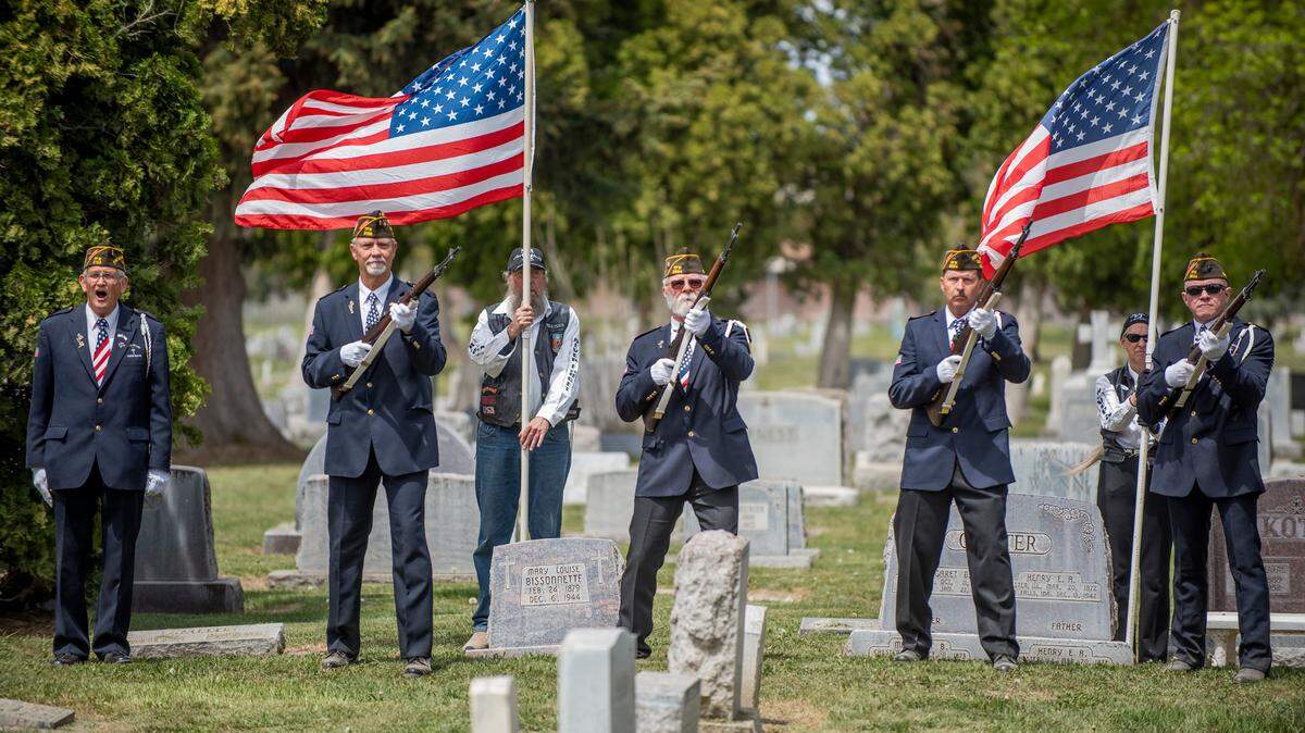 The Idaho National Guard joint honor guard performs a three-volley salute during the military ceremony on May 21 in Twin Falls for U.S. Army Pfc. Kenneth Bridger, 72 years after he went missing in the Korean War.