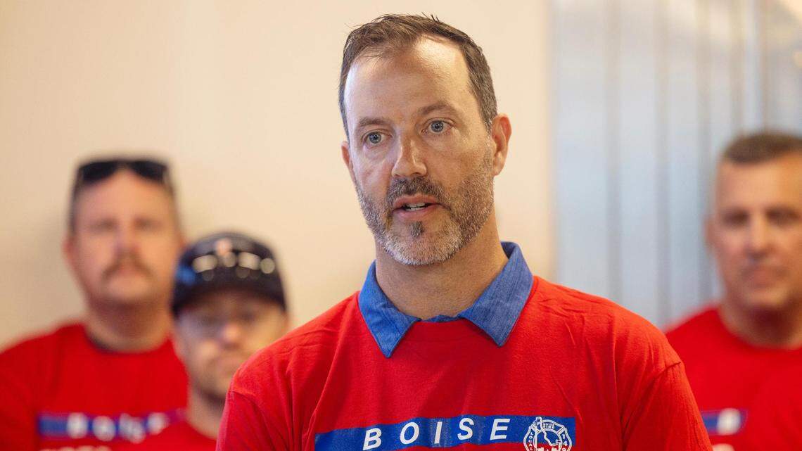 Boise Firefighters Local No. 149 President Jason Shuey speaks on the union’s support of Mike Masterson, a former police chief, for Boise mayor.