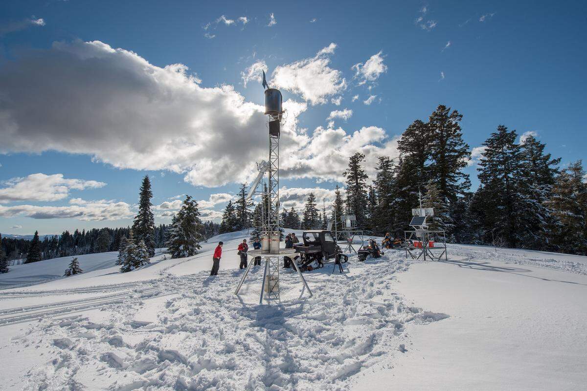 This cloud seeding ground tower, located above Garden Valley and the Payettee River, injects silver iodide into the clouds during winter storms. The tower is accompanied by additional weather information gathering and monitoring equipment installed at that site.