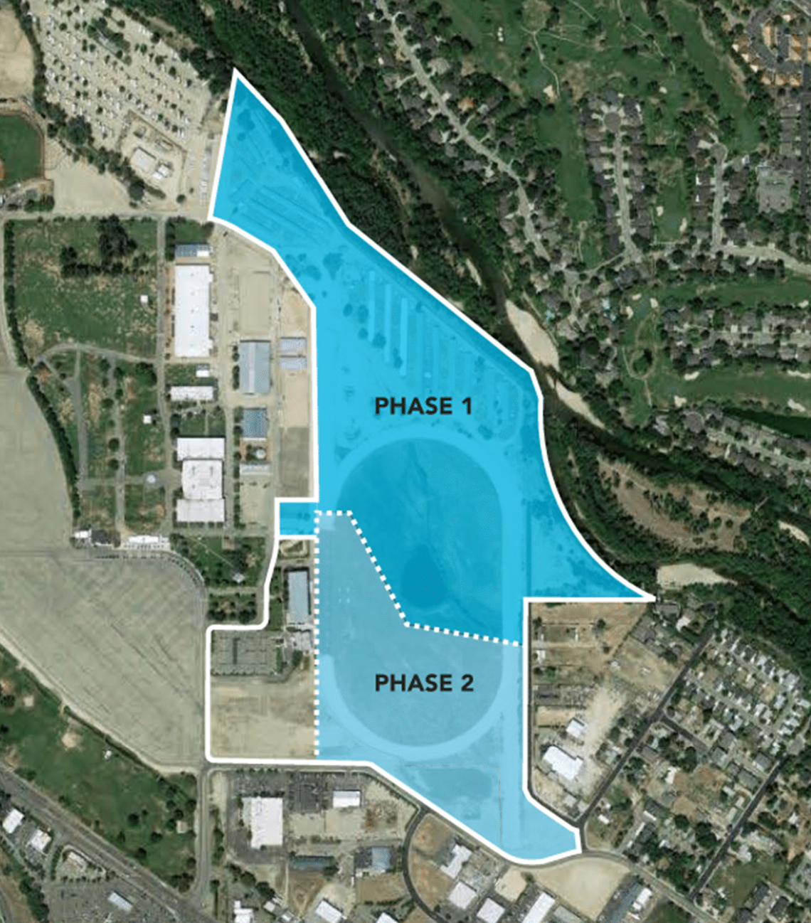 A map shows the two phases of Ada County’s redevelopment of the former Les Bois horse tracking track at Expo Idaho. Phase 1 includes a 47-acre public park along the Boise River. Phase 2 includes the land for a potential soccer stadium and several sports fields.